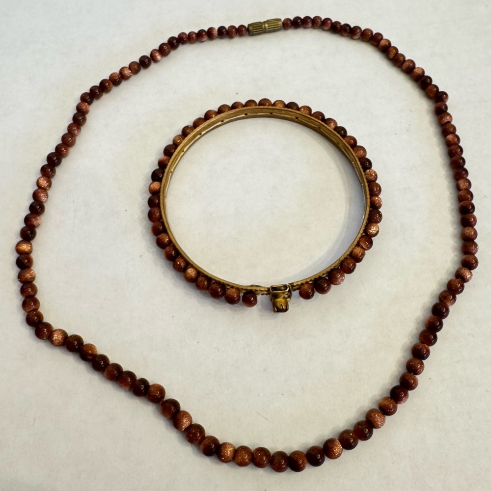 Vintage Goldstone & Natural Ruby Gemstone Beaded Bangle Bracelet Necklace Set